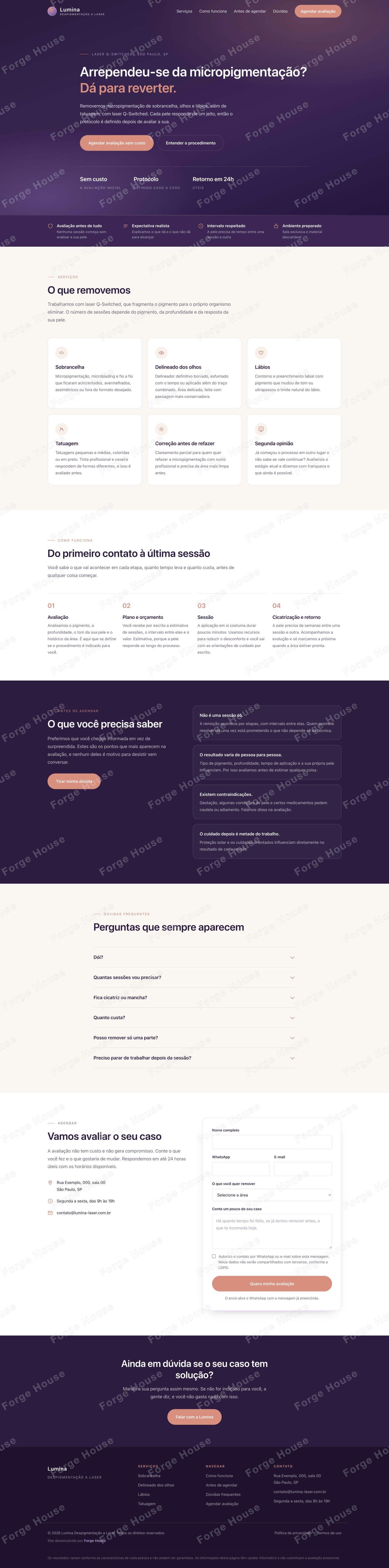 Landing page na versão desktop, do topo ao rodapé